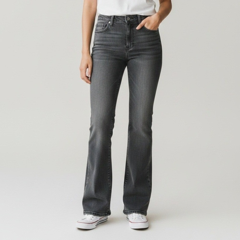 PBX Basics Womens High Rise Flare Jeans Charcoal Gray Denim Size 12 Bootcut